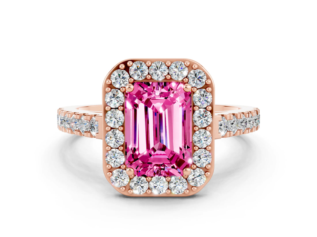Rose gold Emerald Cut Halo Diamond Ring with Pavé Band and Three-Prong Setting
