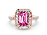 Rose gold Emerald Cut Halo Diamond Ring with Pavé Band and Three-Prong Setting