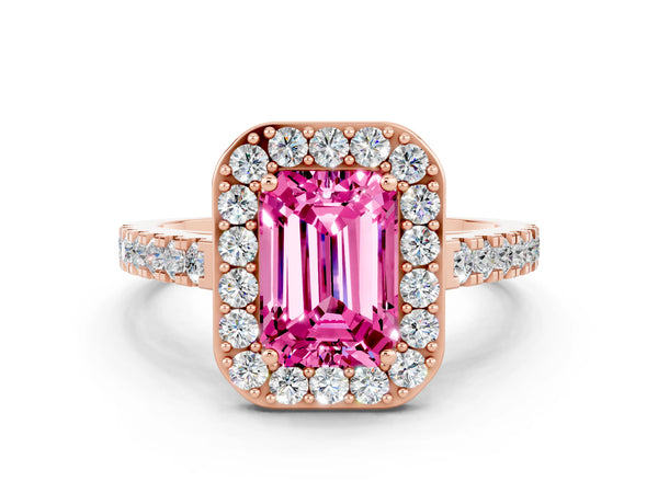 Rose gold Emerald Cut Pink Sapphire Halo Ring with Round Pavé Split Shank and Prong Setting