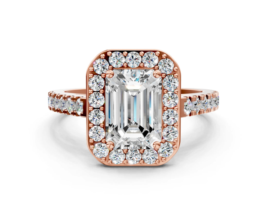 Rose gold Emerald Cut Halo Diamond Ring with Pavé Band and Three-Prong Setting_3