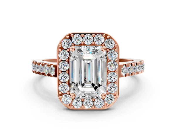 Rose gold Emerald Cut Halo Diamond Ring with Pavé Band and Three-Prong Setting