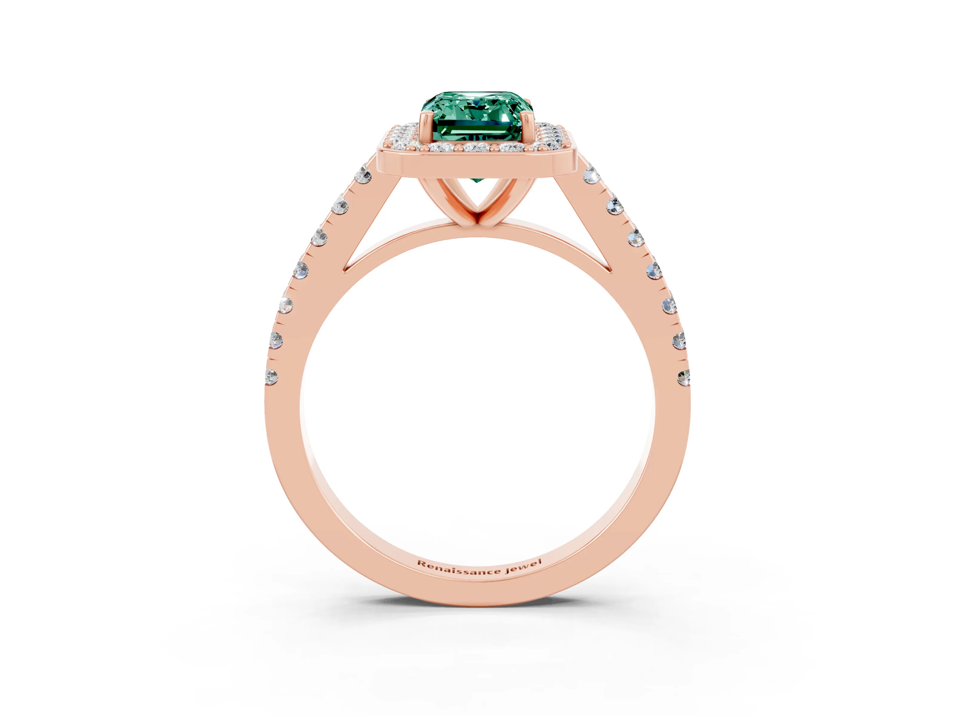 Rose gold Emerald Cut Halo Diamond Ring with Pavé Band and Three-Prong Setting_3