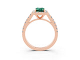 Rose gold Emerald Cut Halo Diamond Ring with Pavé Band and Three-Prong Setting_3