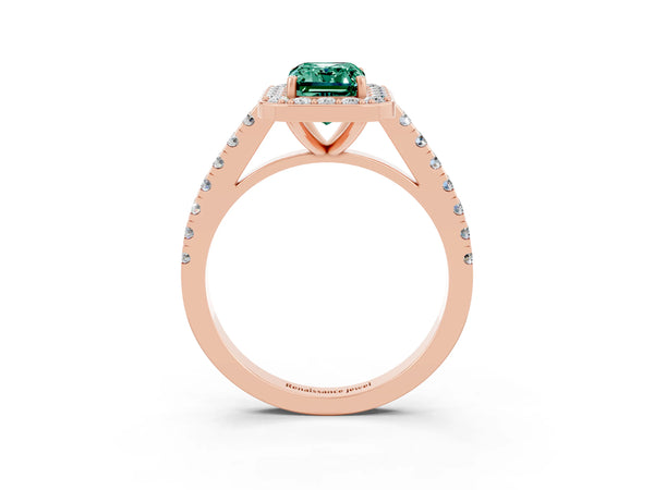Rose gold Emerald Cut Green Sapphire Halo Ring with Round Pavé Split Shank and Prong Setting