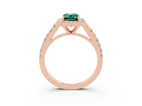 Rose gold Emerald Cut Halo Diamond Ring with Pavé Band and Three-Prong Setting_3