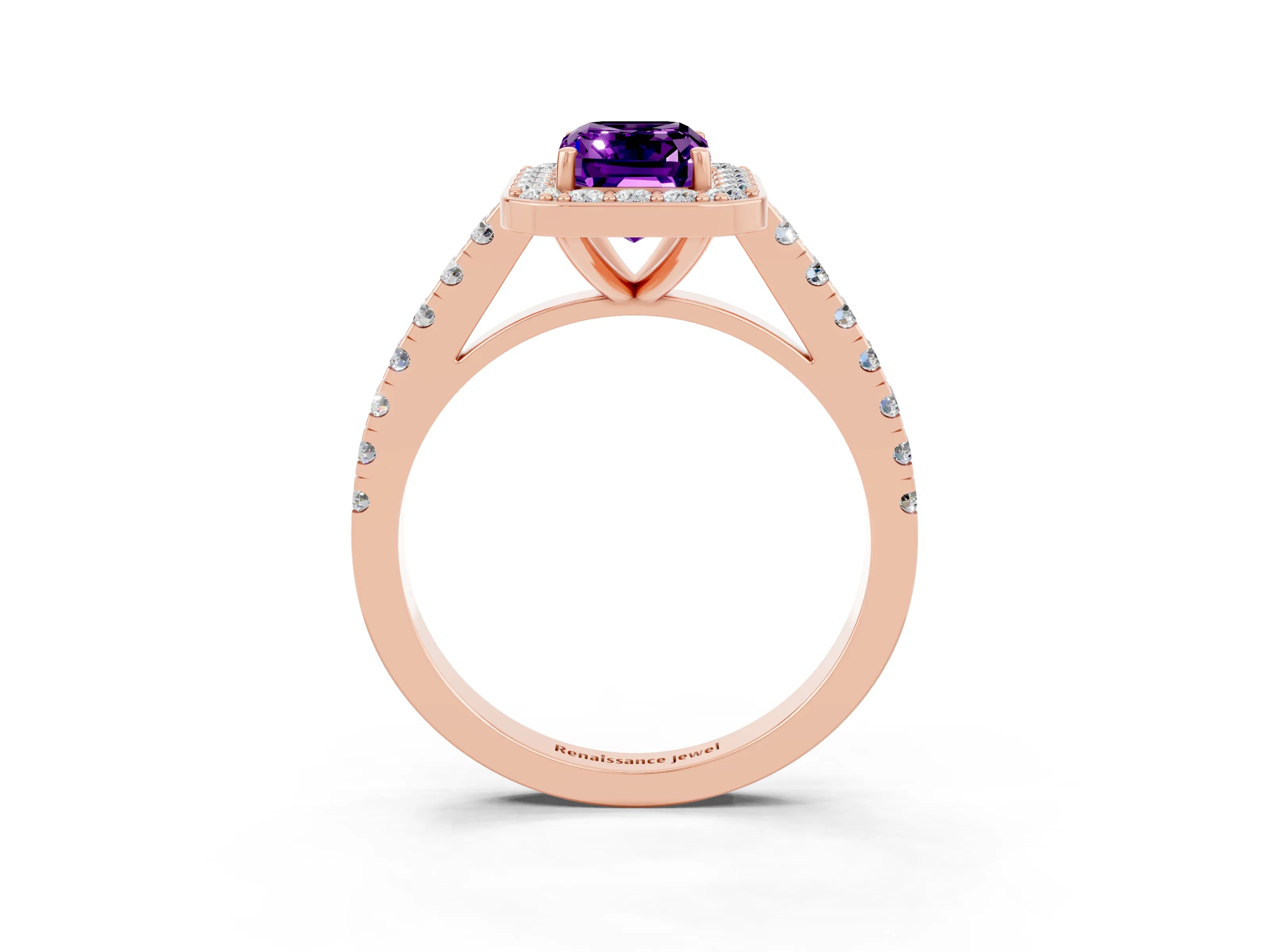 Rose gold Emerald Cut Halo Diamond Ring with Pavé Band and Three-Prong Setting_3