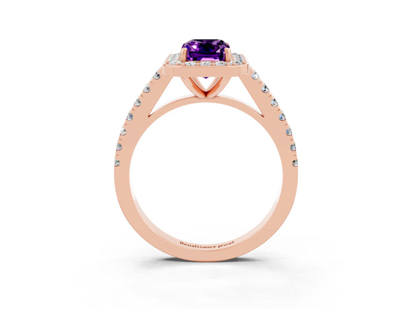 Rose gold Emerald Cut Amethyst Halo Ring with Round Pavé Split Shank and Prong Setting