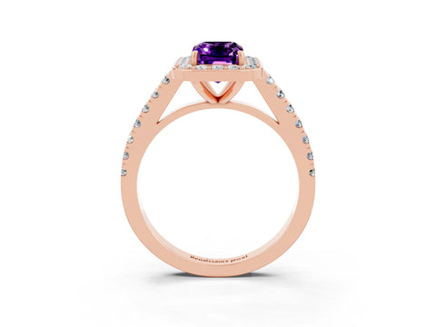 Rose gold Emerald Cut Halo Diamond Ring with Pavé Band and Three-Prong Setting_3