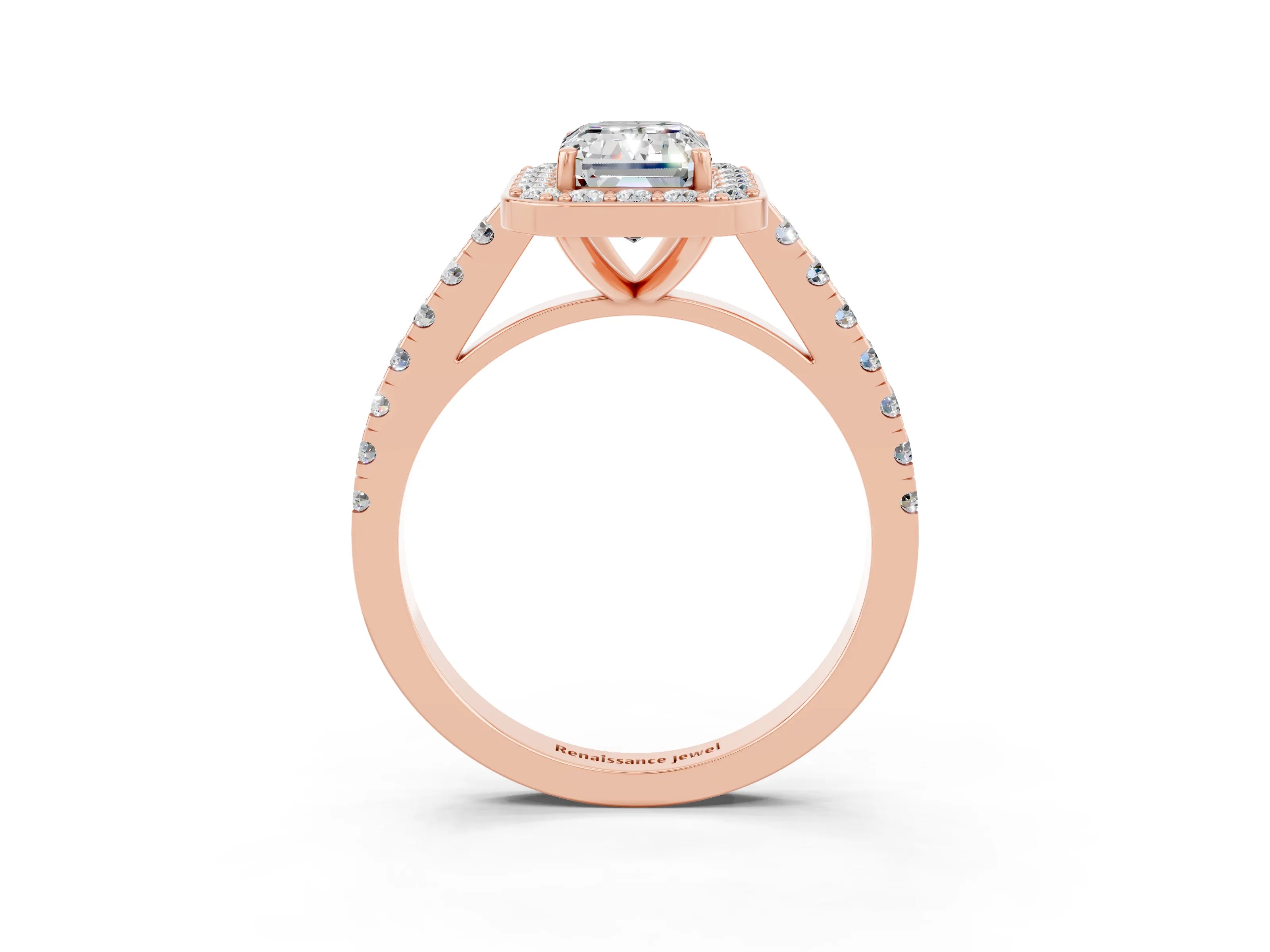Rose gold Emerald Cut Halo Diamond Ring with Pavé Band and Three-Prong Setting_3