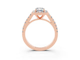 Rose gold Emerald Cut Halo Diamond Ring with Pavé Band and Three-Prong Setting_3