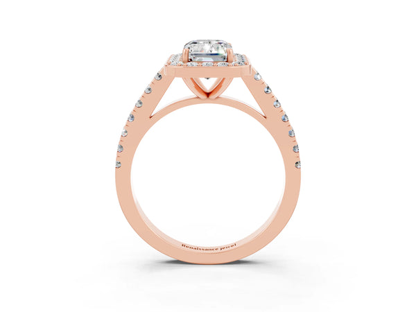 Rose gold Emerald Cut Moissanite Halo Ring with Round Pavé Split Shank and Prong Setting
