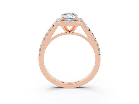 Rose gold Emerald Cut Halo Diamond Ring with Pavé Band and Three-Prong Setting_3