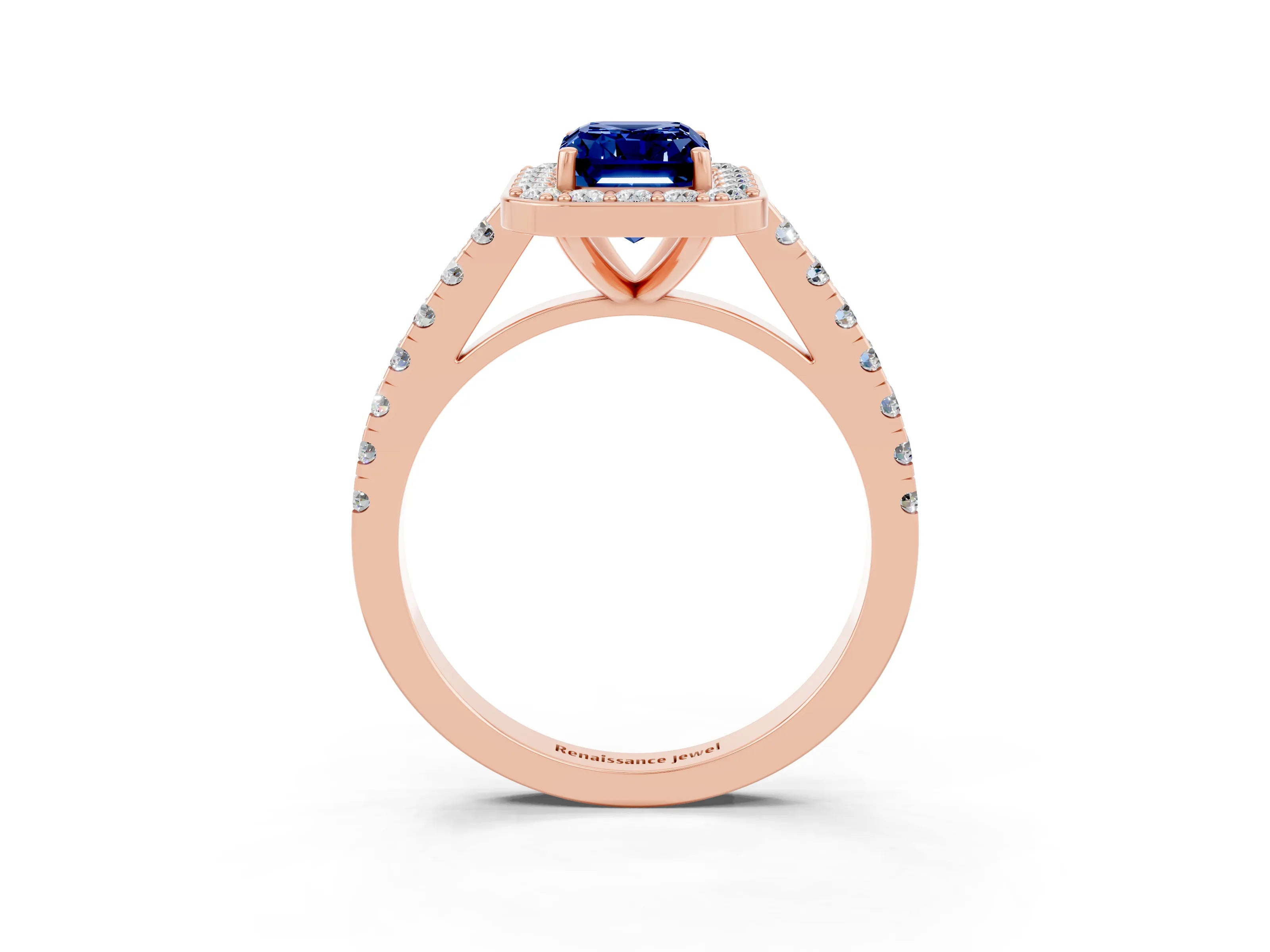 Rose gold Emerald Cut Halo Diamond Ring with Pavé Band and Three-Prong Setting_3