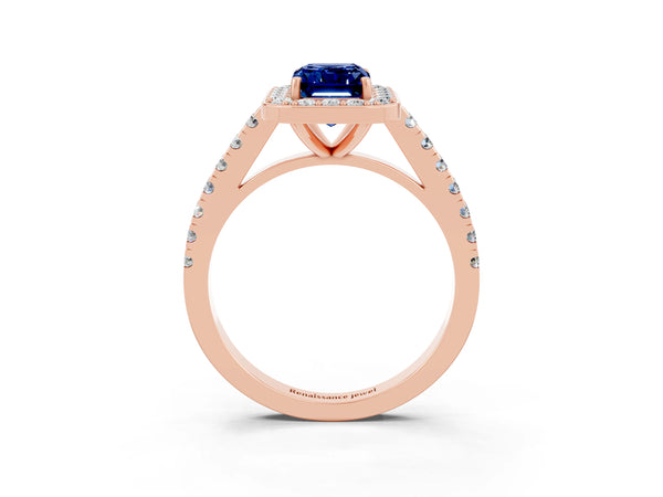 Rose gold Emerald Cut Blue Sapphire Halo Ring with Round Pavé Split Shank and Prong Setting