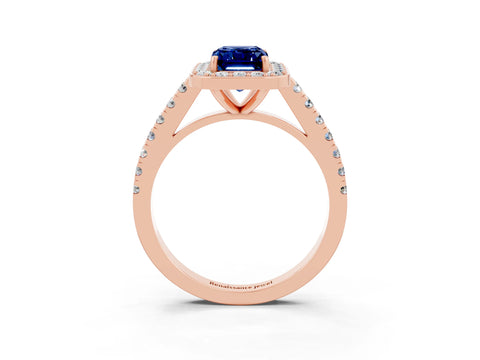 Rose gold Emerald Cut Halo Diamond Ring with Pavé Band and Three-Prong Setting_3