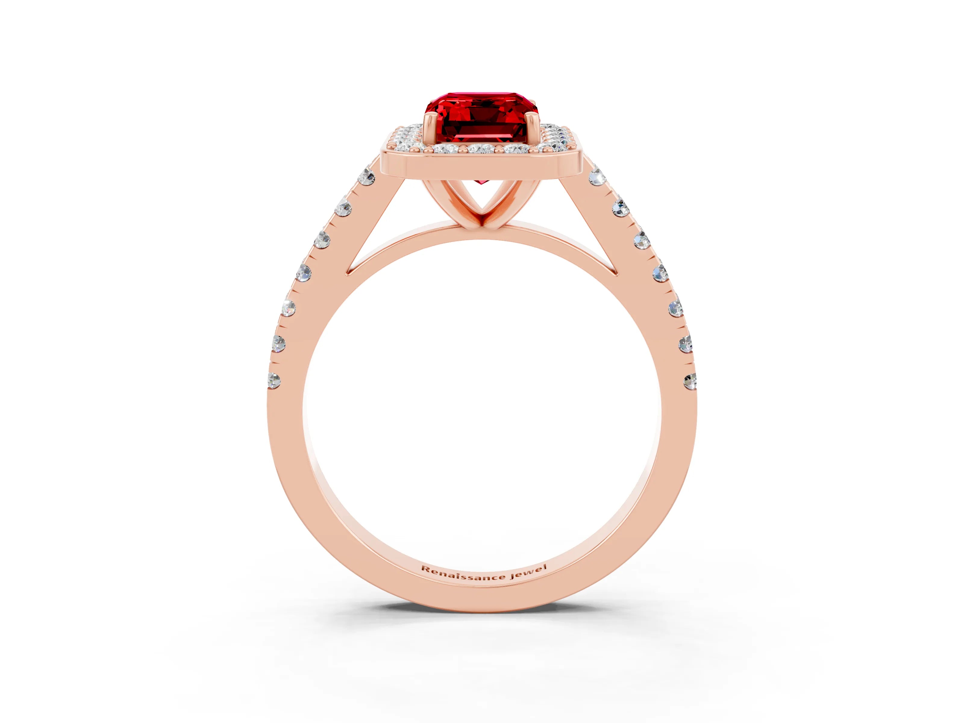 Rose gold Emerald Cut Halo Diamond Ring with Pavé Band and Three-Prong Setting_3