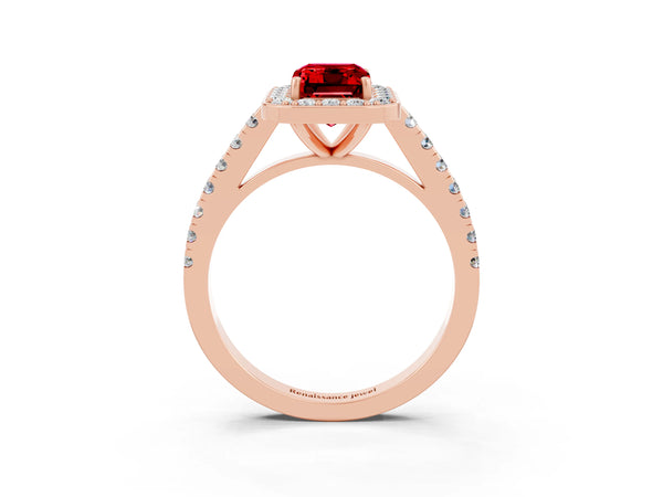 Rose gold Emerald Cut Ruby Halo Ring with Round Pavé Split Shank and Prong Setting