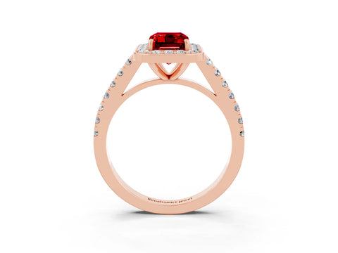 Rose gold Emerald Cut Halo Diamond Ring with Pavé Band and Three-Prong Setting_3