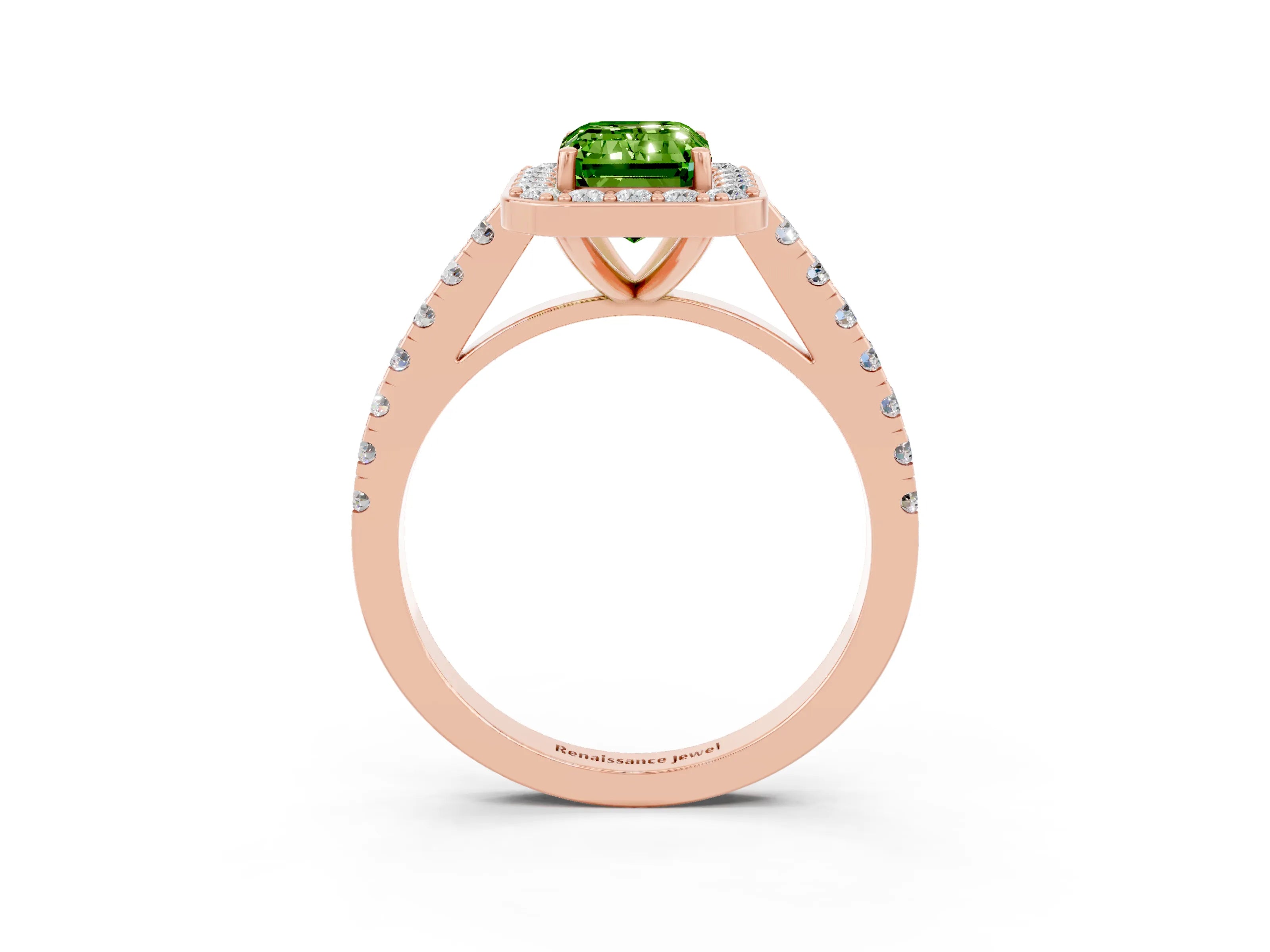 Rose gold Emerald Cut Halo Diamond Ring with Pavé Band and Three-Prong Setting_3