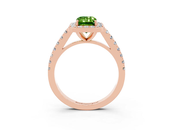 Rose gold Emerald Cut Halo Diamond Ring with Pavé Band and Three-Prong Setting