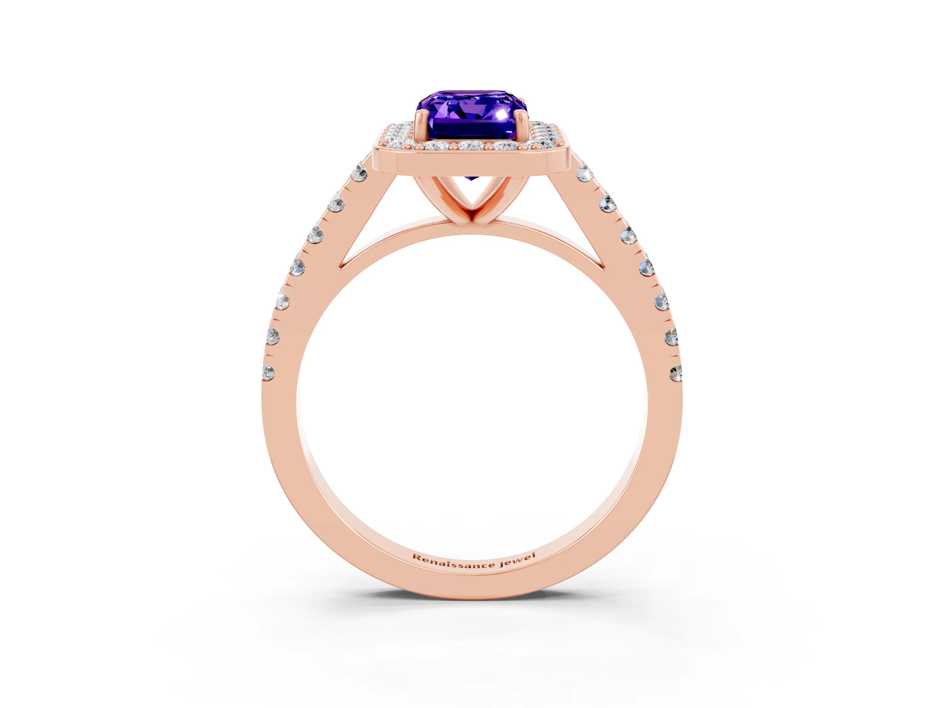 Rose gold Emerald Cut Halo Diamond Ring with Pavé Band and Three-Prong Setting_3