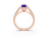 Rose gold Emerald Cut Halo Diamond Ring with Pavé Band and Three-Prong Setting_3