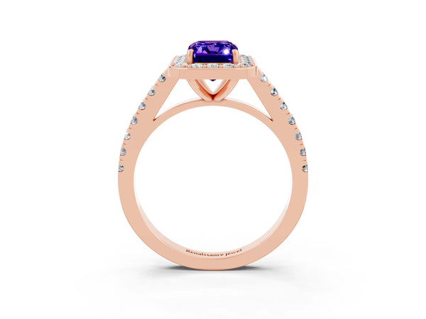 Rose gold Emerald Cut Tanzanite Halo Ring with Round Pavé Split Shank and Prong Setting