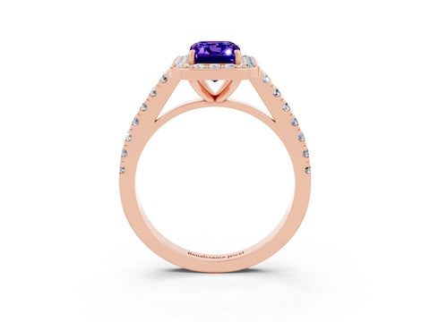 Rose gold Emerald Cut Halo Diamond Ring with Pavé Band and Three-Prong Setting_3