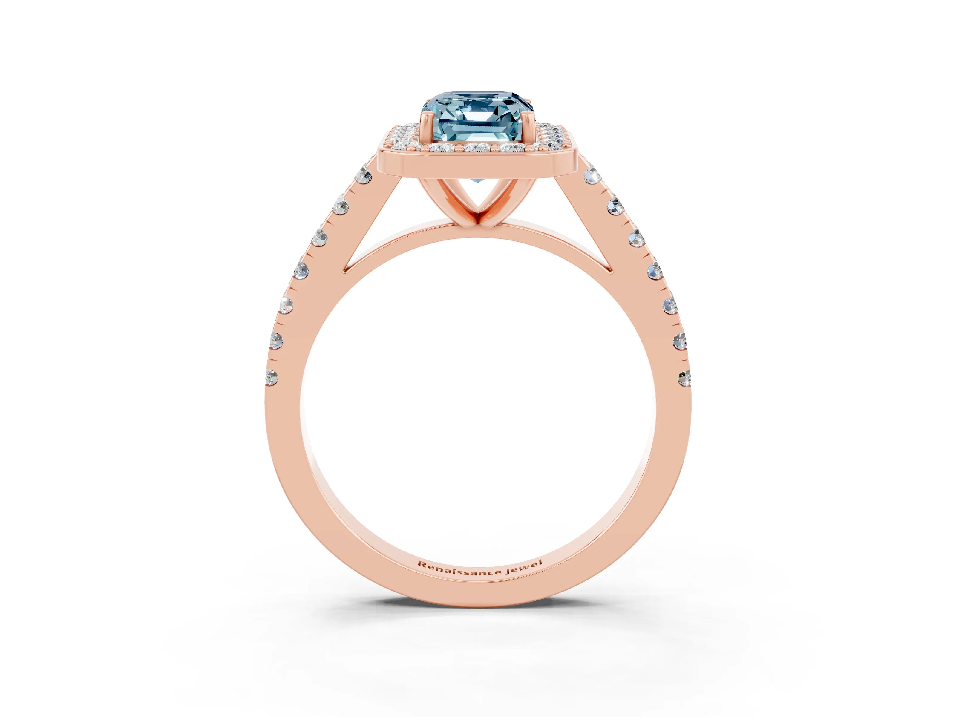 Rose gold Emerald Cut Halo Diamond Ring with Pavé Band and Three-Prong Setting_3