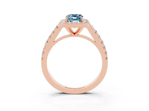 Rose gold Emerald Cut Aquamarine Halo Ring with Round Pavé Split Shank and Prong Setting