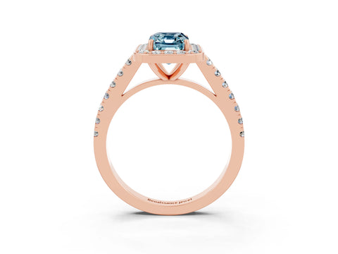 Rose gold Emerald Cut Halo Diamond Ring with Pavé Band and Three-Prong Setting_3
