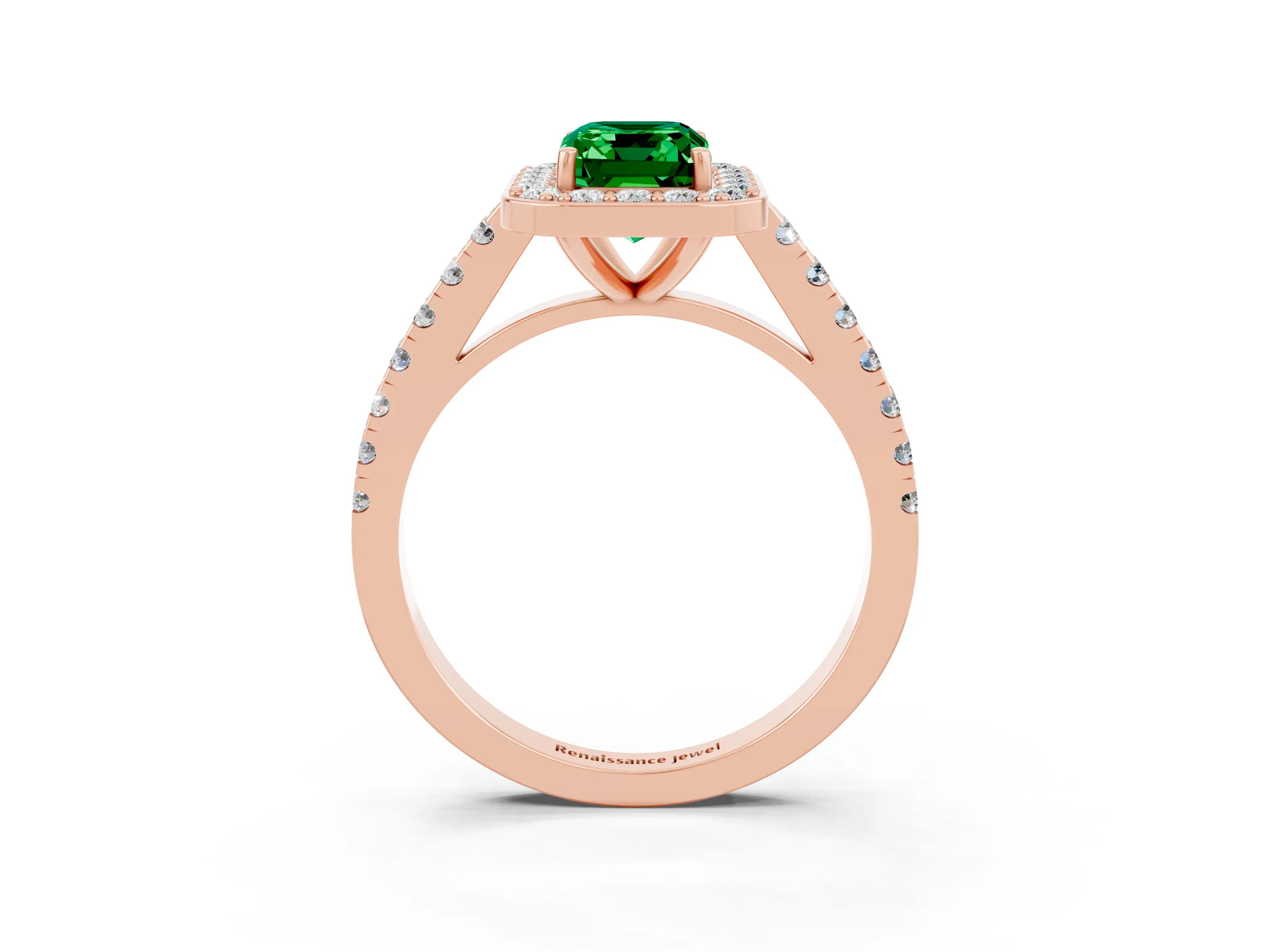 Rose gold Emerald Cut Halo Diamond Ring with Pavé Band and Three-Prong Setting_3