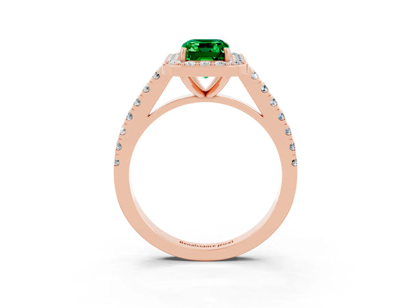 Rose gold Emerald Cut Emerald Halo Ring with Round Pavé Split Shank and Prong Setting