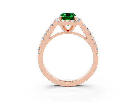 Rose gold Emerald Cut Halo Diamond Ring with Pavé Band and Three-Prong Setting_3