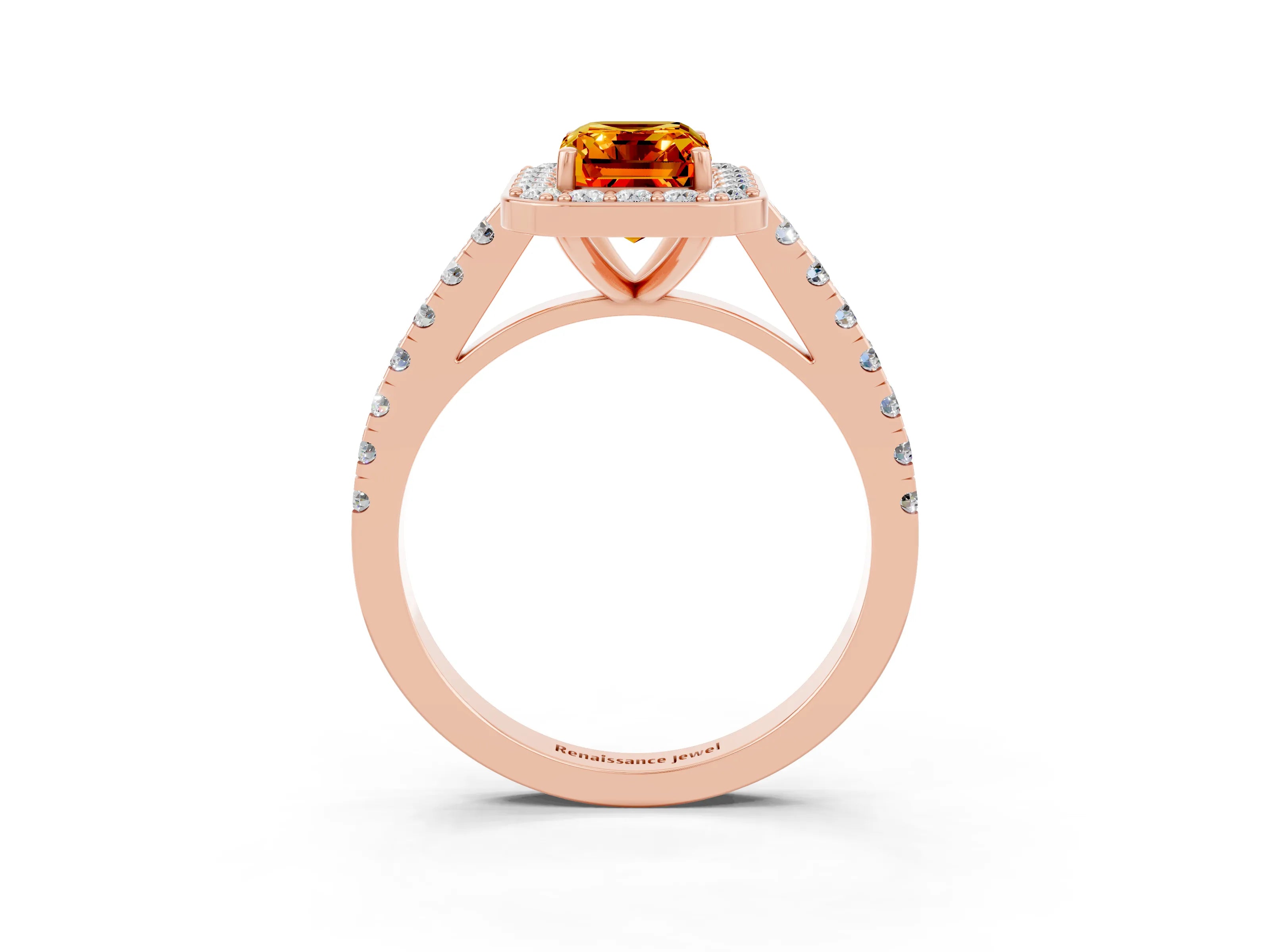 Rose gold Emerald Cut Halo Diamond Ring with Pavé Band and Three-Prong Setting_3