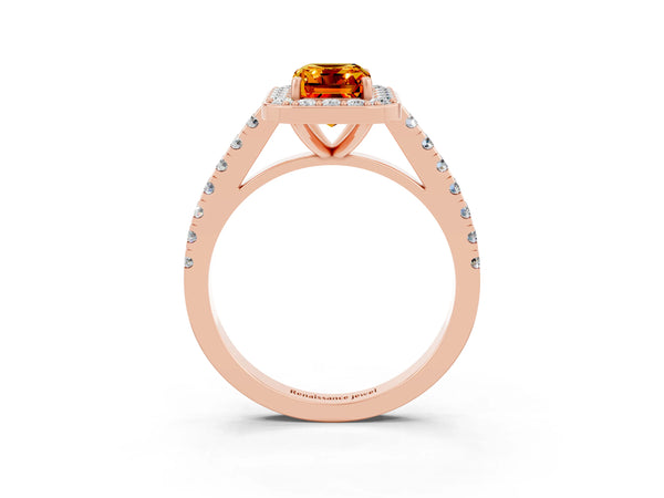 Rose gold Emerald Cut Citrine Halo Ring with Round Pavé Split Shank and Prong Setting