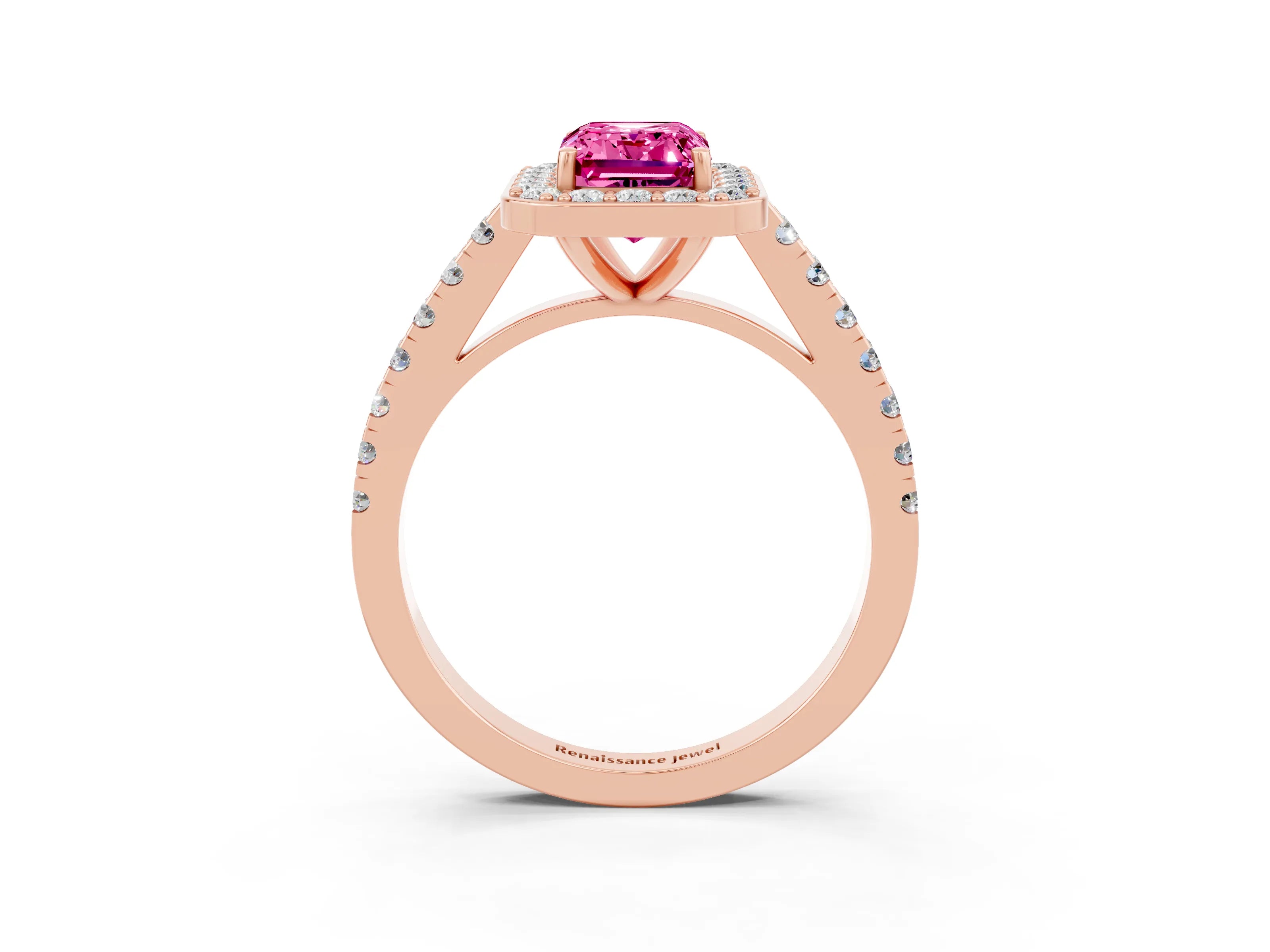 Rose gold Emerald Cut Halo Diamond Ring with Pavé Band and Three-Prong Setting_3