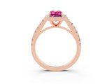 Rose gold Emerald Cut Halo Diamond Ring with Pavé Band and Three-Prong Setting_3