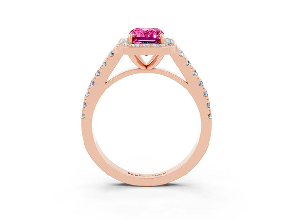 Rose gold Emerald Cut Pink Sapphire Halo Ring with Round Pavé Split Shank and Prong Setting
