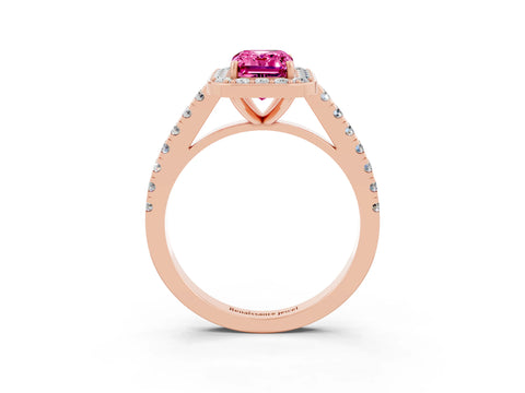Rose gold Emerald Cut Halo Diamond Ring with Pavé Band and Three-Prong Setting_3