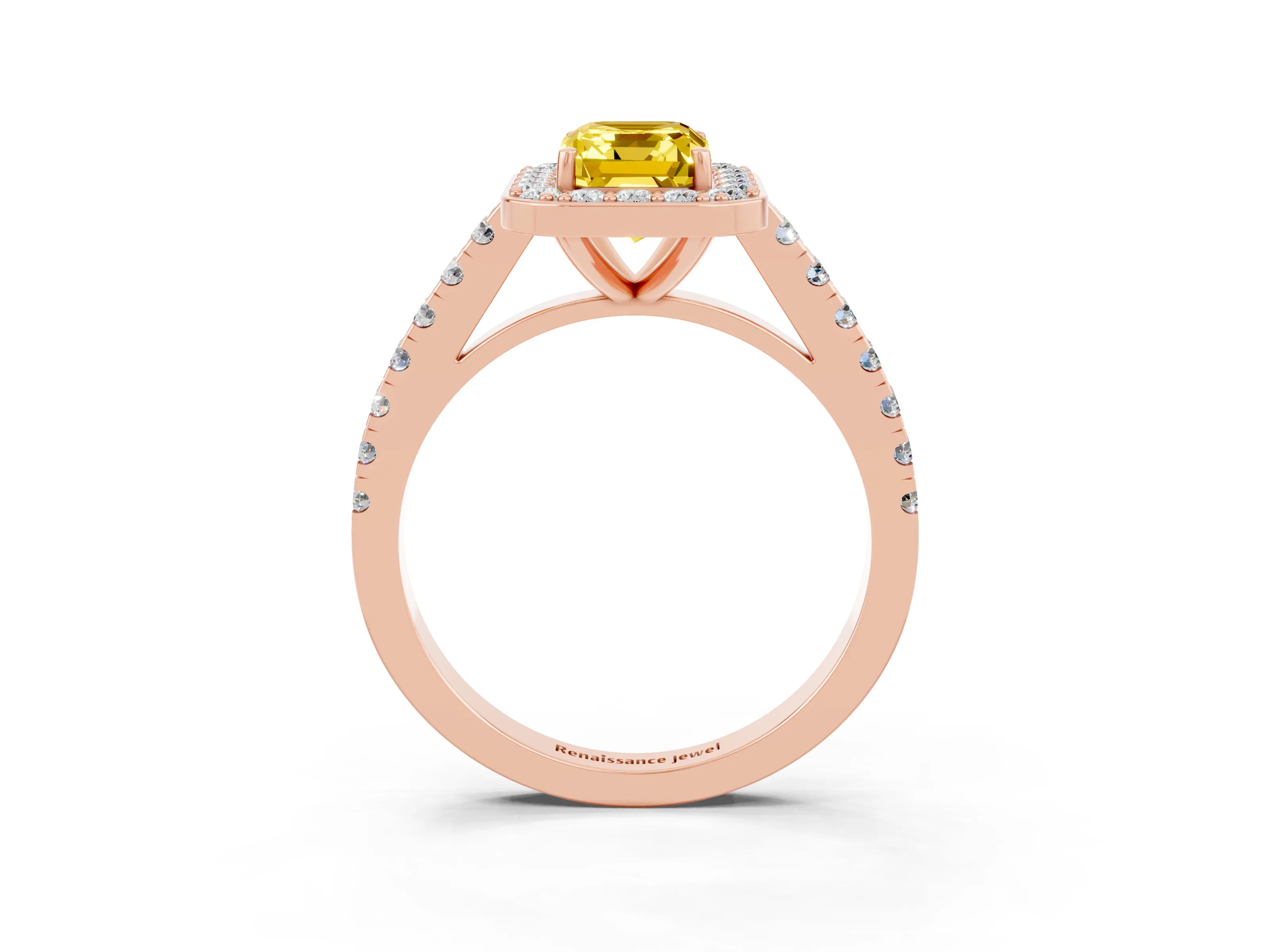 Rose gold Emerald Cut Halo Diamond Ring with Pavé Band and Three-Prong Setting_3