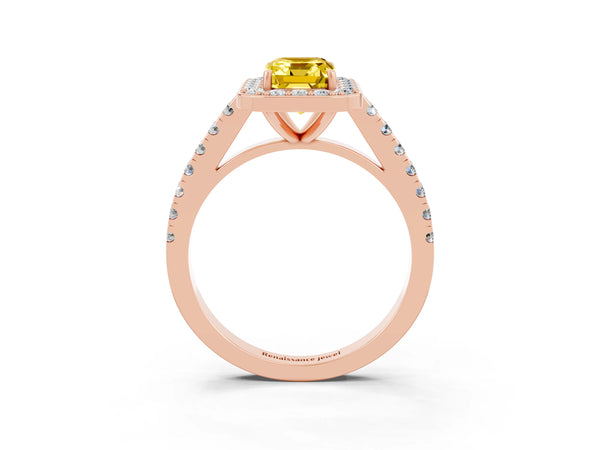 Rose gold Emerald Cut Yellow Sapphire Halo Ring with Round Pavé Split Shank and Prong Setting