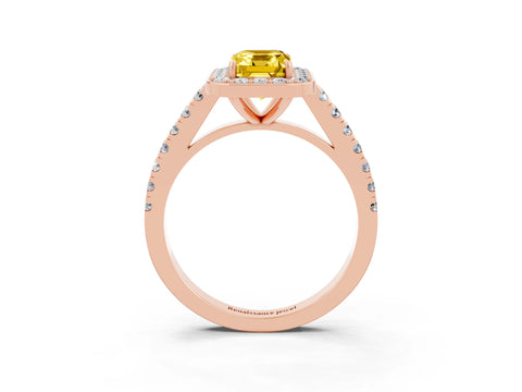 Rose gold Emerald Cut Halo Diamond Ring with Pavé Band and Three-Prong Setting_3