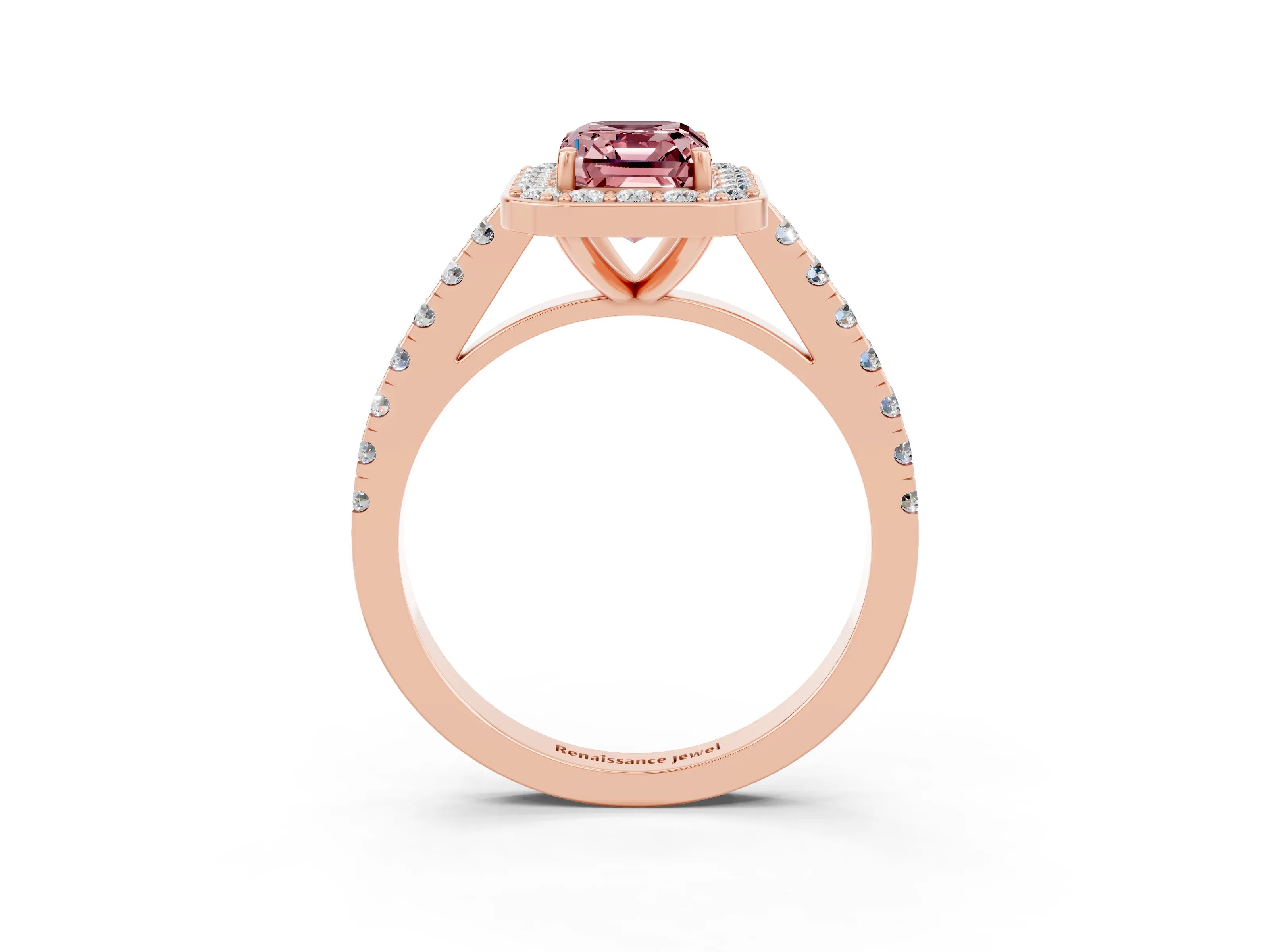 Rose gold Emerald Cut Halo Diamond Ring with Pavé Band and Three-Prong Setting_3