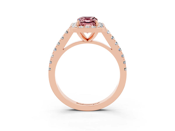 Rose gold Emerald Cut Halo Diamond Ring with Pavé Band and Three-Prong Setting
