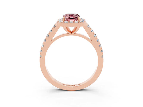 Rose gold Emerald Cut Halo Diamond Ring with Pavé Band and Three-Prong Setting_3