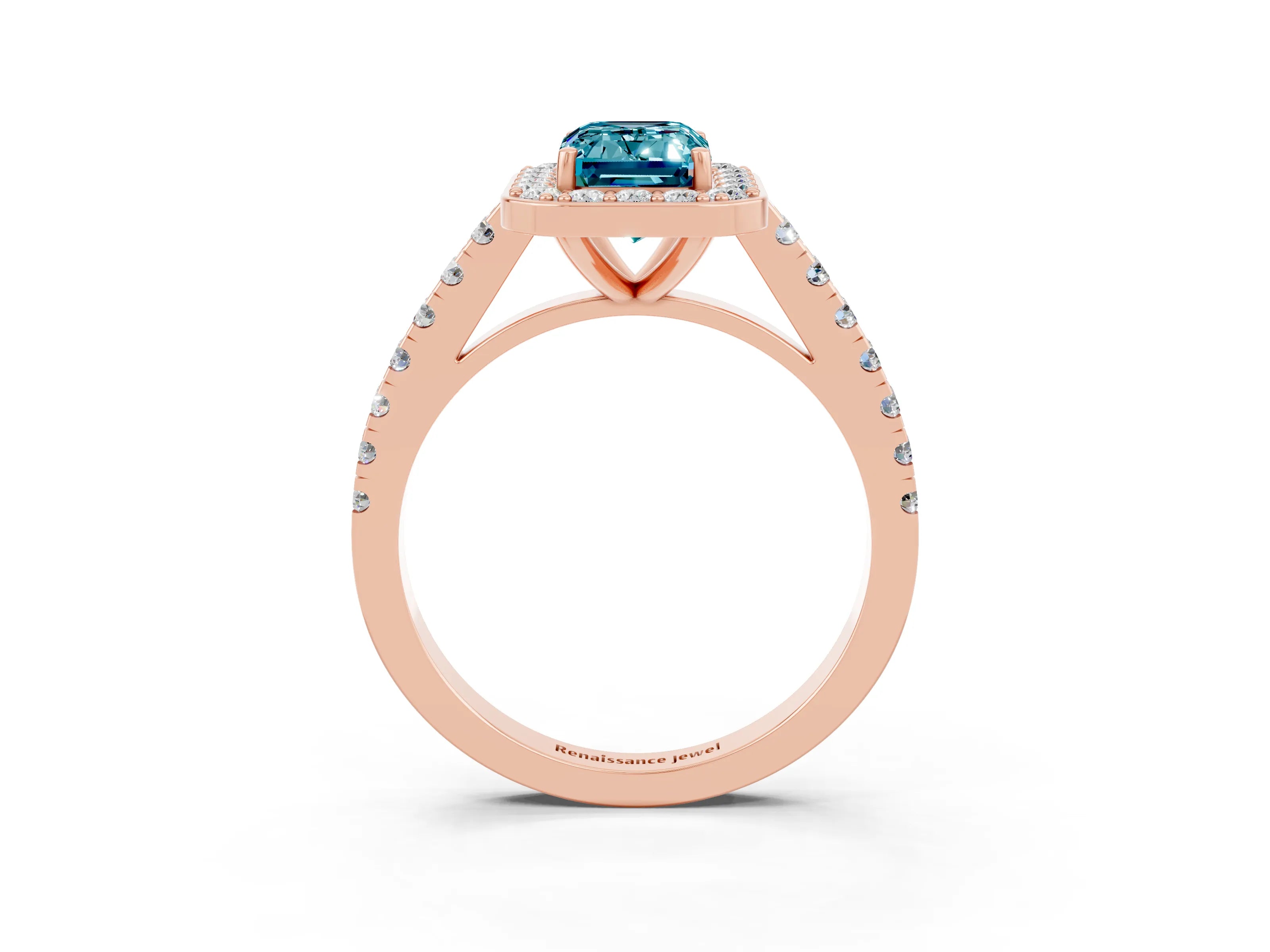Rose gold Emerald Cut Halo Diamond Ring with Pavé Band and Three-Prong Setting_3