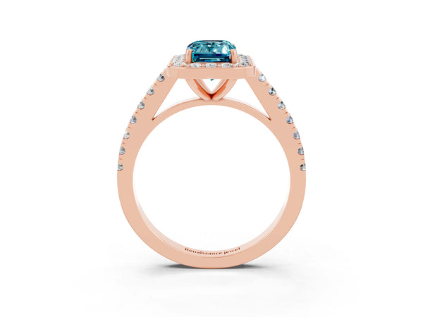 Rose gold Emerald Cut Halo Diamond Ring with Pavé Band and Three-Prong Setting