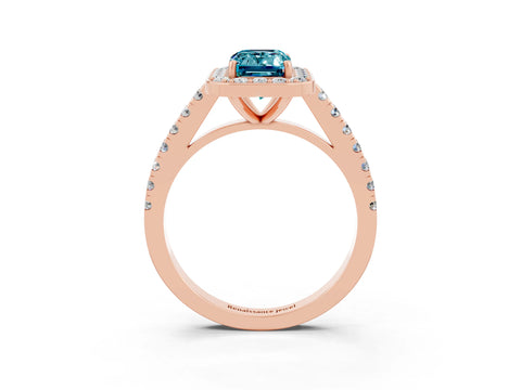 Rose gold Emerald Cut Halo Diamond Ring with Pavé Band and Three-Prong Setting_3