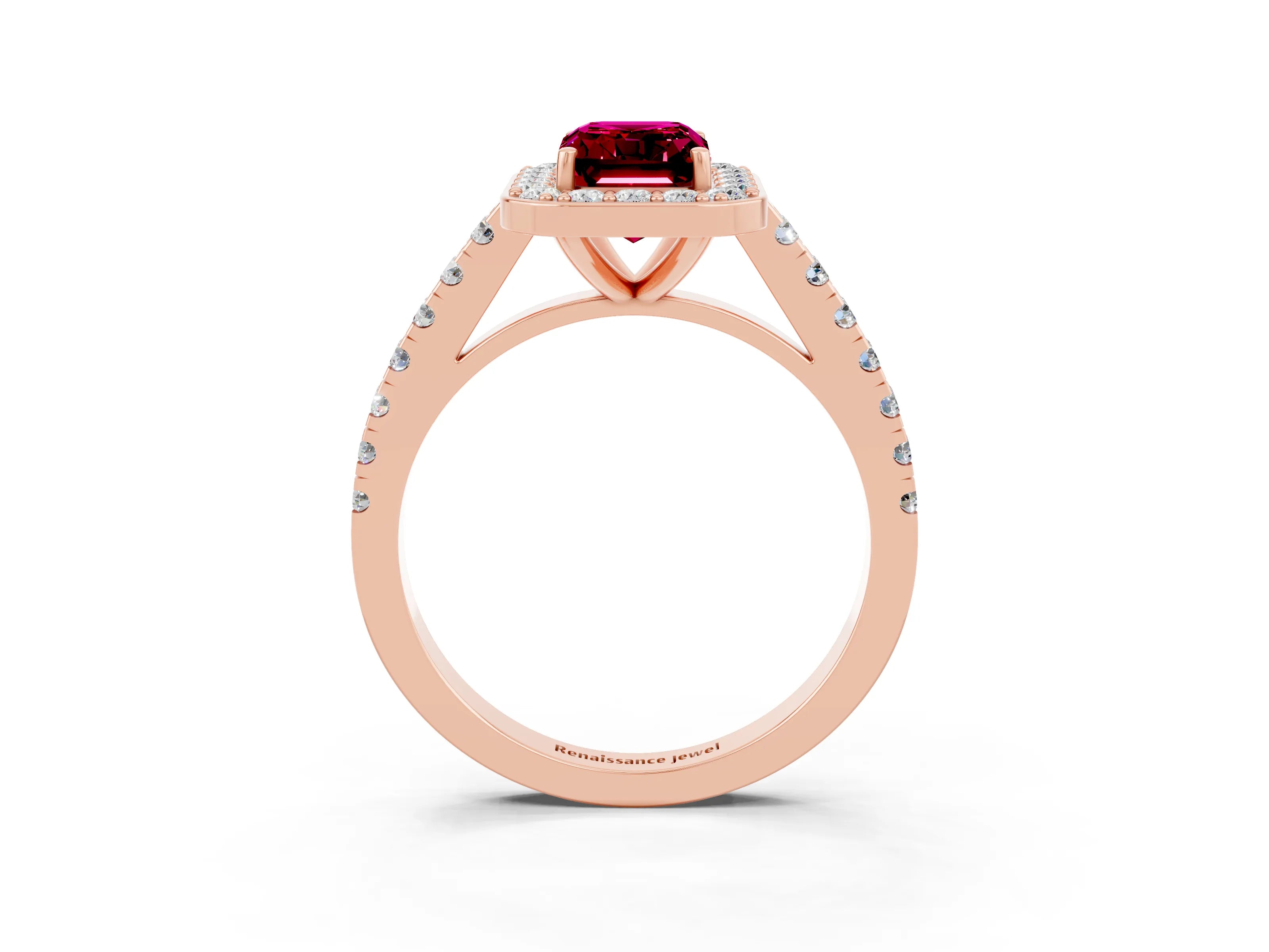 Rose gold Emerald Cut Halo Diamond Ring with Pavé Band and Three-Prong Setting_3
